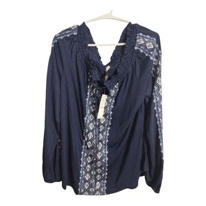 WHBM Embroidered Tie Front Peasant Preppy Office Boho Business‎ Casual Blouse XL